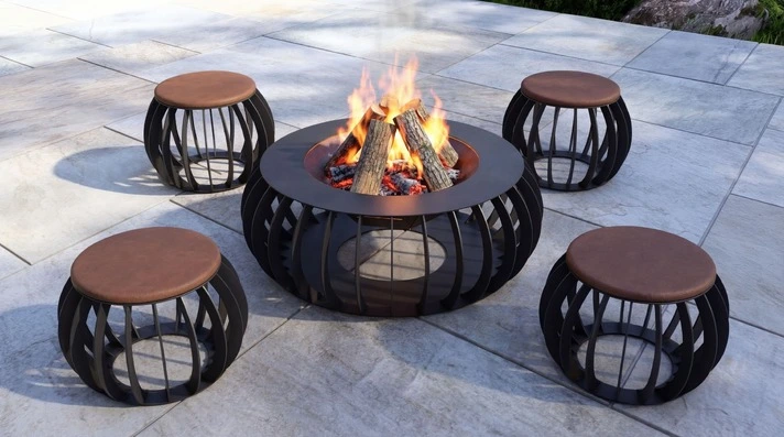 Round steel fire pit with matching stools